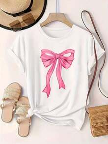 Camiseta Casual de Manga Corta para Mujer Estilo Vintage - Diseño de Lazo Rosa sobre Camiseta Blanca, Cuello Redondo, Top de Verano, Lavable a Máquina, Camisetas para Damas, Ropa Casual, Estilo Moderno, Ajuste Cómodo  
 -WhiteFashion - Blanco - Ver 2