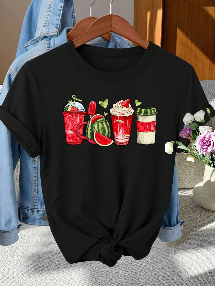 GiftGiftGiftGiftElegant - Women's Limited Edition Short Sleeve Crew Neck T-Shirt With Summer Watermelon Drink Print, Ideal For Spring, Summer, And Autumn, Perfect For Stylish Photos, Work, Vacations, And Everyday Wear With A Vintage Touch. Soft. - 黑色 - 查看 1