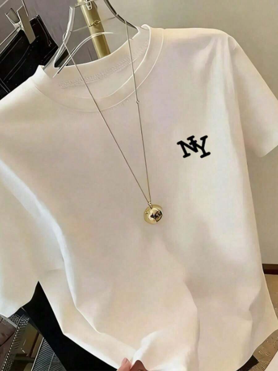 1 Pieza de Moda Casual para Hombres y Mujeres, Camiseta de Manga Corta con Estampado Simple para Mujer, Cuello Redondo, Camiseta Estampada, Top Holgado y Cómodo para Mujer, Versátil para el Verano, fácil de combinar, para uso diario, estilo urbano, ropa de vacaciones, ropa de fin de semana. - Albaricoque - Ver 1