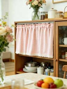 1 buah Taplak Meja Tirai Pendek Motif Kotak-kotak Gaya Rumah Pertanian, Dekorasi Trim Renda Rajutan Unik, Tirai Jendela Gaya Kafe, Cocok Untuk Jendela Dapur Dan Kamar Mandi - Berwarna merah muda - View 1
