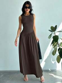 Vestido largo de mujer sin mangas, cuello redondo, cintura fruncida, unicolor, estilo minimalista - Café integral 2 - Ver 7