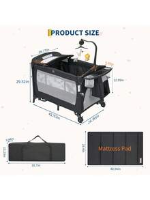 Soonbuy 4 In 1 Baby Playard, Portable Bedside Crib With Rocking Bassinet & Diaper Changer, Infant Pack And Play With Mattress, Newborn Changing Table - Black - View 4