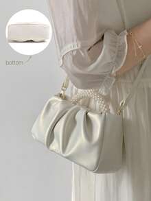 Mini Solid Color Women Pleated Handbag, Women Solid Color Cloud & Crescent Shoulder Bag , New Year, Cream Bag, Beaded Faux Faux Pearl Evening Handbag, Mini Cocktail Party Clutch, Elegant Wedding Party Clutch. - trắng - Xem 3