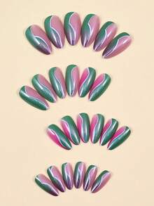 24Pcs Pink & Green Glitter Swirl Almond Press-On Nails With Gradient Color Block & Sparkle Finish - Multicolor - View 3