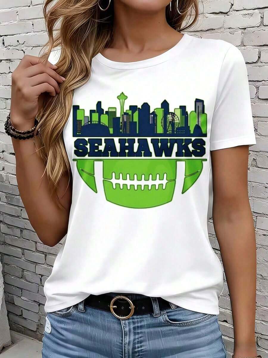 Camiseta suave 100% algodón, estilo casual para mujer, diseño de paisaje urbano de los Seahawks Football, para usar en verano y otoño, regalo para fanáticos de los deportes, 220g, camiseta de algodón transpirable, combina con todo, genial. - Blanco - Ver 1