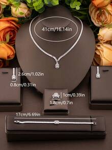 1 Set Luxury Elegant Cubic Zirconia Inlaid Rectangular Jewelry Set, Suitable For Women's Wedding Party Wear, Includes 1 Pair Earrings, 1 Necklace, 1 Bracelet, 1 Ring (Excluding Gift Box) - Silver - View 6