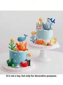 1 Set oder 1 Stück Ozean-Thema Tortendekorationen, einschließlich Oktopus, Krabbe, Seetang, Koralle, Seestern usw., Ozean Unterwasser-Thema Geburtstagstortendekorationen, Taufe, Gender Reveal Party Tortendekorationen (Bitte mit Tablett und weißen Stäben verwenden, kein Spielzeug, nur für dekorative Zwecke) - Verschiedenfarbig - Übersicht 1