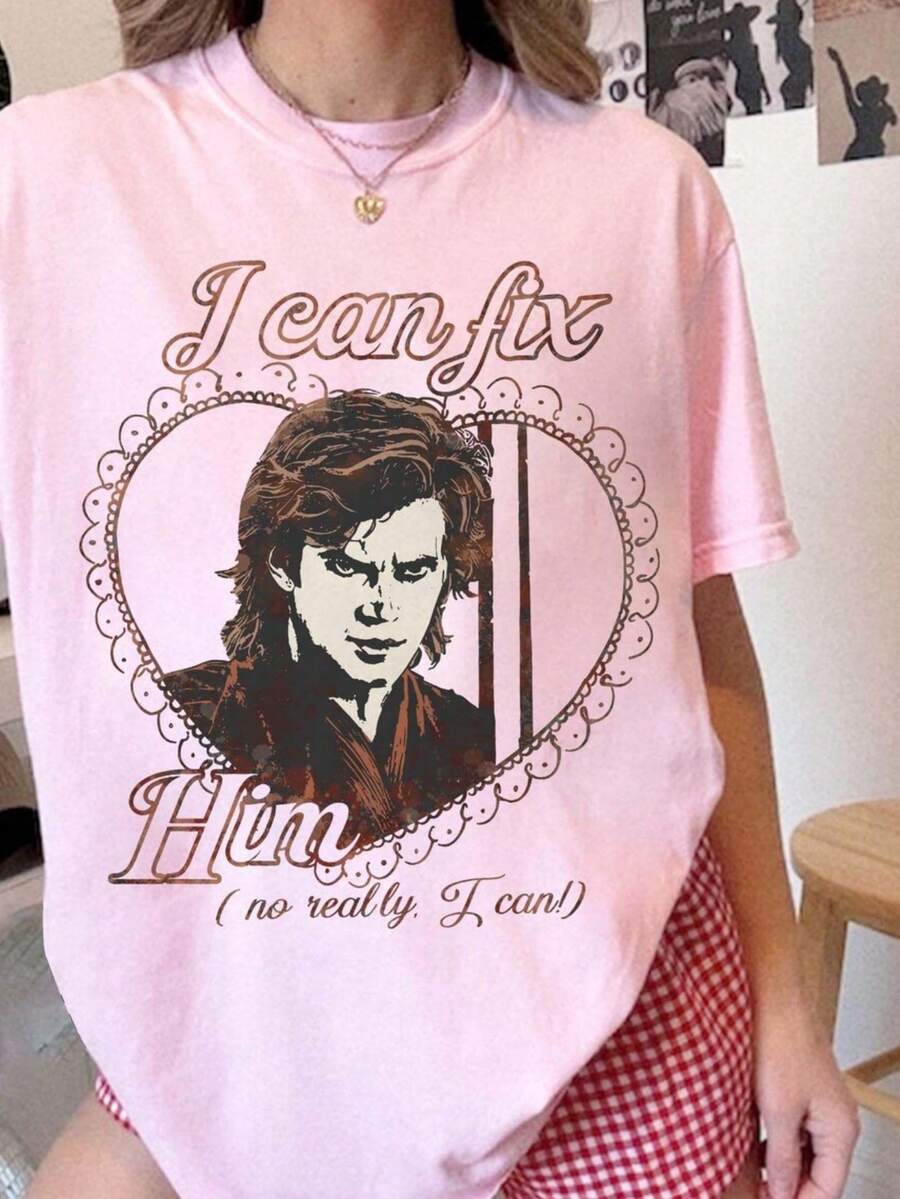 I Can Fix Him T-Shirt, Y2K Aesthetic Shirt, Revenge Of The Sith, Galaxy's Edge. Women's Fashionable Casual T-Shirt With Creative Print, Short Sleeve, Round Neck, For Spring And Summer. Festive Celebration Shirt, Party Wear Top - 彩色 - 查看 1