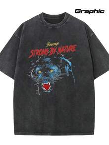 Camisetas de hombre con estampado de cara de tigre feroz y eslogan "Fuerte por naturaleza", estilo vintage streetwear, corte holgado y relajado, camiseta estampada, ropa unisex, moda vintage Y2K, casual, color negro lavado, cuello redondo, manga corta. - Negro - Ver 1