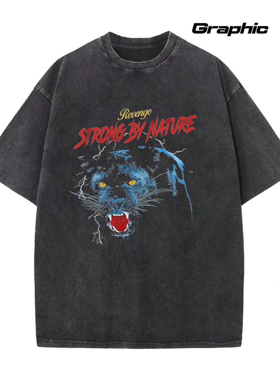 Camisetas de hombre con estampado de cara de tigre feroz y eslogan "Fuerte por naturaleza", estilo vintage streetwear, corte holgado y relajado, camiseta estampada, ropa unisex, moda vintage Y2K, casual, color negro lavado, cuello redondo, manga corta. - Negro - Ver 1