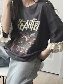 Camiseta de manga corta para mujer con ajuste holgado, estampado de letras, parches de encaje, de algodón transpirable, versátil para primavera/verano, camisetas gráficas oversize para mujer - Gris 2 - Ver 11