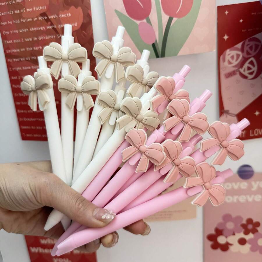 1/3/5支装蝴蝶结装饰可伸缩中性笔，粉白笔杆，书写流畅，美观文具，办公桌用品，日记本/计划本/笔记笔，礼品