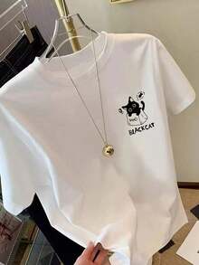 Women's Custom Cartoon Print Mid-Length Short Sleeve T-Shirt, Stylish Graphic Tee, Casual Black Vintage Summer Street Style Loose Fit Cotton Crew Neck T-Shirt. - 白色 - 查看 2
