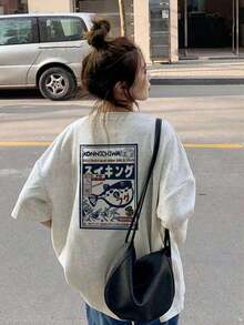 Camiseta de manga corta personalizada, holgada y relajada, con estampado de letras japonesas, versátil y casual para mujer, estilo vintage de primavera/verano, de algodón, cuello redondo y manga corta. - Negro 2 - Ver 8