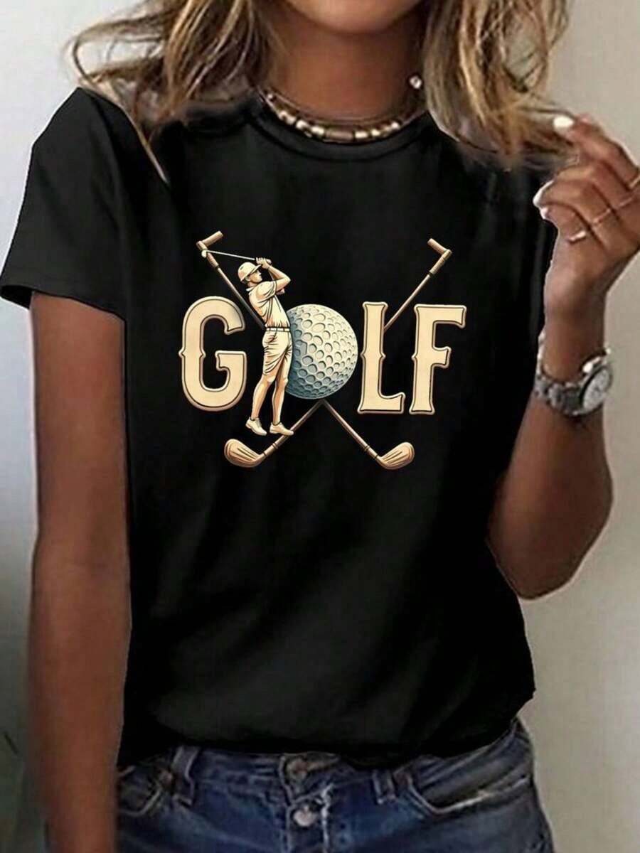 Women's Essential Casual Minimalist Golf Print T-Shirt - Short Sleeve, Round Neck, Golfer Silhouette Print And "GOLF" Lettering In Black, Made Of Low Elasticity Material, Suitable For Spring And Summer, Women's Golf Clothing, Loose Fit, Non-See-Through Material, Spring Fashion, Soft Cotton T-Shirt For Women's Daily Wear, Simple Solid Color T-Shirt For Women, Loose And Fitted Cut, Casual Short Sleeve. - 黑色 - 查看 1
