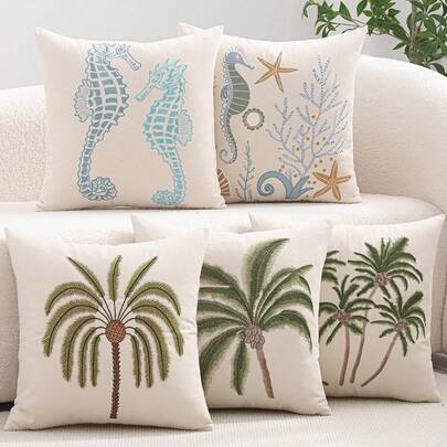 1pc/2pcs Canvas Embroidered Throw Pillow Cover, Coconut Tree, Summer Vacation, Ocean Style, Seahorse, Starfish, Cushion Cover For Sofa, Bedroom, Home Decor, Holiday Gift, Green