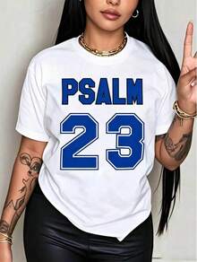 Plus Size Women's Premium Jersey T-Shirt With Psalm 23 Print - Crew Neck, Short Sleeve, With Bold Green Lettering, Soft And Breathable Fabric For Parties, Gifts For Women - 白色 - 查看 10