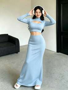 Elegant Sleeveless Maxi Dress, V-Neck, Cutout Design At The Chest, Pleated, Purple Color, New Spring/Summer Style, An Elegant Maxi Dress For Women - 淺藍色 - 查看 3