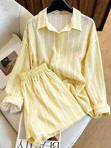 Conjunto de camisa de manga larga a rayas de un solo pecho y pantalones cortos versátiles de estilo vintage casual - Amarillo - Ver 5