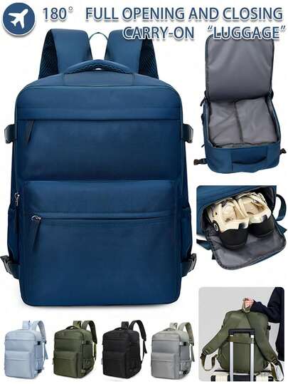 Unisex 180 ° Fully Open Large Capacity Travel Backpack, Simple Solid Color, Can Board Multiple Compartments, Short Distance Travel, Commuting, School, Wear-Resistant Backpack