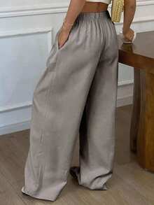 Pantalones rectos sueltos de unicolor con cintura elástica y cordón, informales de lino para el verano - Gris - Ver 2