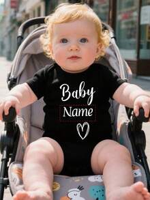 [Custom] Baby Short Sleeve Romper, Baby Girls Customizable With Name + Baby Heart Theme Print, Soft Round Neck, Versatile Casual Jumpsuit, Durable & Washable - Black - View 1