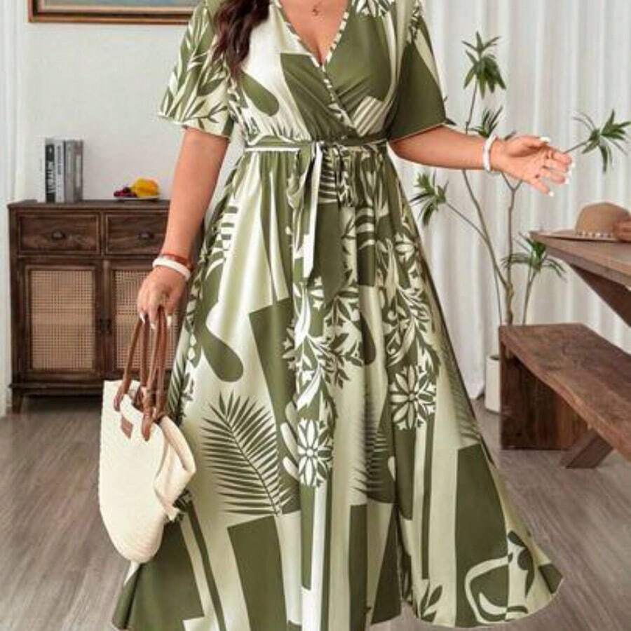 Holidaya Overlap Strap V-Neck Short Sleeve Oblique Split Loose Elegant Plus Size Women's Vacation Dress - Multicolor - Ver 1