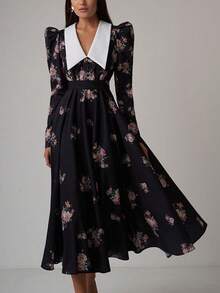 Vestido largo estampado vintage primavera 2026, cintura ajustada y corte amplio elegante - Negro - Ver 8