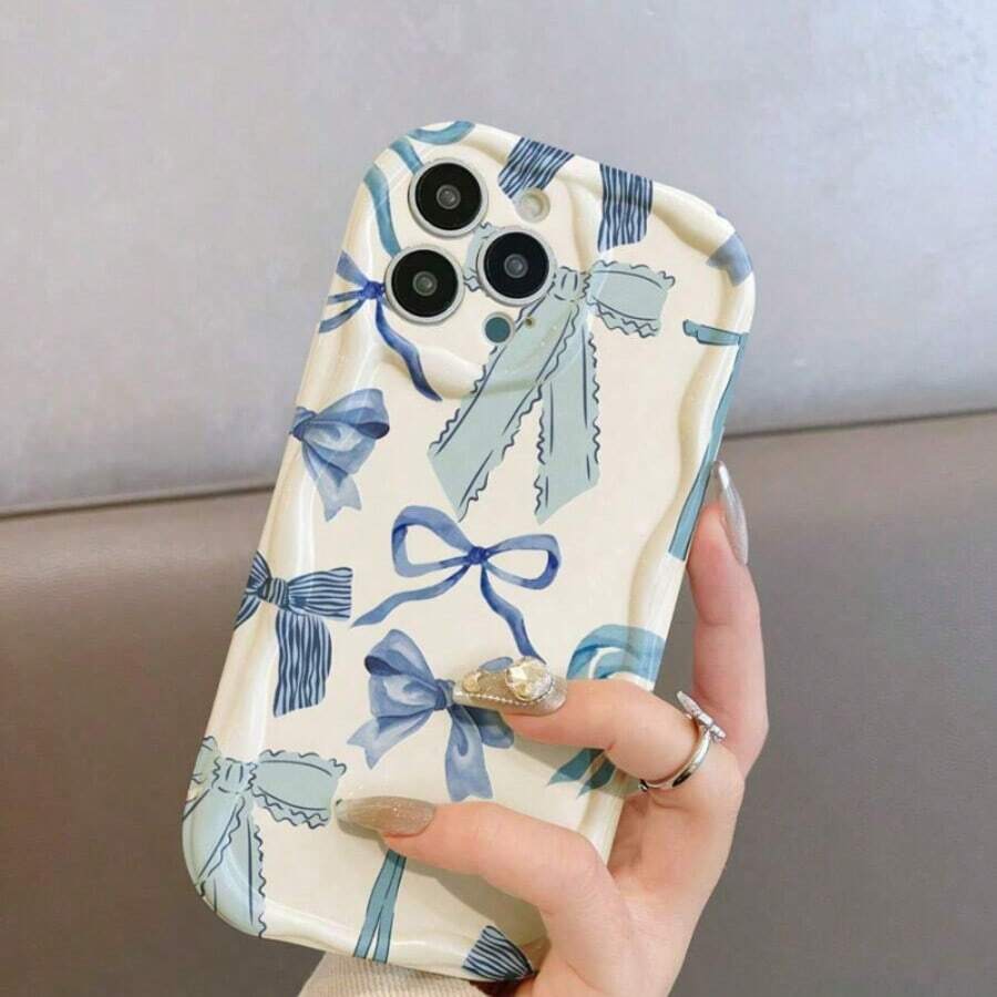 Cute Blue Bow Pattern Phone Case, Retro Aesthetic Shock-Proof Protective Cover, Suitable For Galaxy///Honor/HW// - Creamy Yellow - View 1