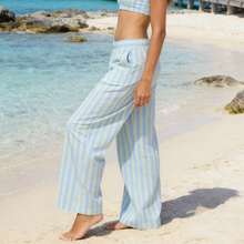 Pantalones Anchos de Mujer a Rayas con Bloque de Color, Cintura Elástica, Largo Completo, Ligeros de Verano con Bolsillos, Delgados y Fluidos para Uso Diario y Vacaciones - Azul - Ver 6