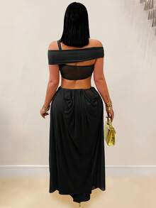 Vestido nuevo de verano para mujer, de moda, sexy, top tubo, corte entallado, unicolor, de tul transparente, diseño francés, favorecedor, perfecto para fiestas, citas y looks de noche - Negro - Ver 2
