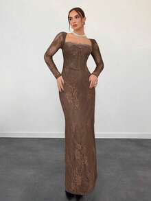 Vestido negro ajustado hasta el suelo con cuello corsé ahuecado y mangas largas con encaje en forma de S sexy para mujer para fiestas, citas y banquetes de otoño/invierno nuevo - Marrón 2 - Ver 5