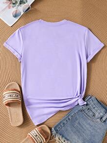 Camiseta manga corta cuello redondo 100% algodón, estampado trendy, tejido ligero y ventilado, estilo moda casual, apta para vida diaria, salidas informales y citas en primavera, verano y otoño - Morado claro - Ver 2