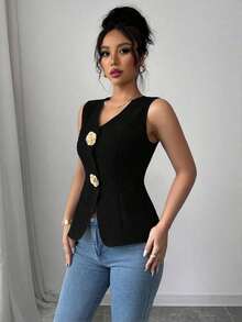 Blusa exterior con cuello en V ajustada con decoración de botones dorados con rosas - Negro 2 - Ver 7