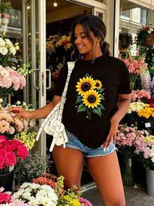 Camiseta negra para mujer con vibrantes girasoles y adecuada para otros términos de búsqueda mencionados - Blusa casual de manga corta con cuello redondo para verano, ligera, cómoda y con estampado floral. - Negro - Ver 3