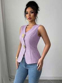 Blusa exterior con cuello en V ajustada con decoración de botones dorados con rosas - Morado - Ver 4