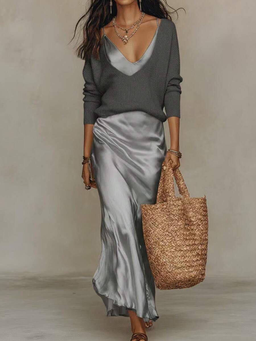 Slip Maxi Dress & V-Neck Knit Sweater Two-Piece Outfit, Elegant Casual Matching Set - Grey - View 1