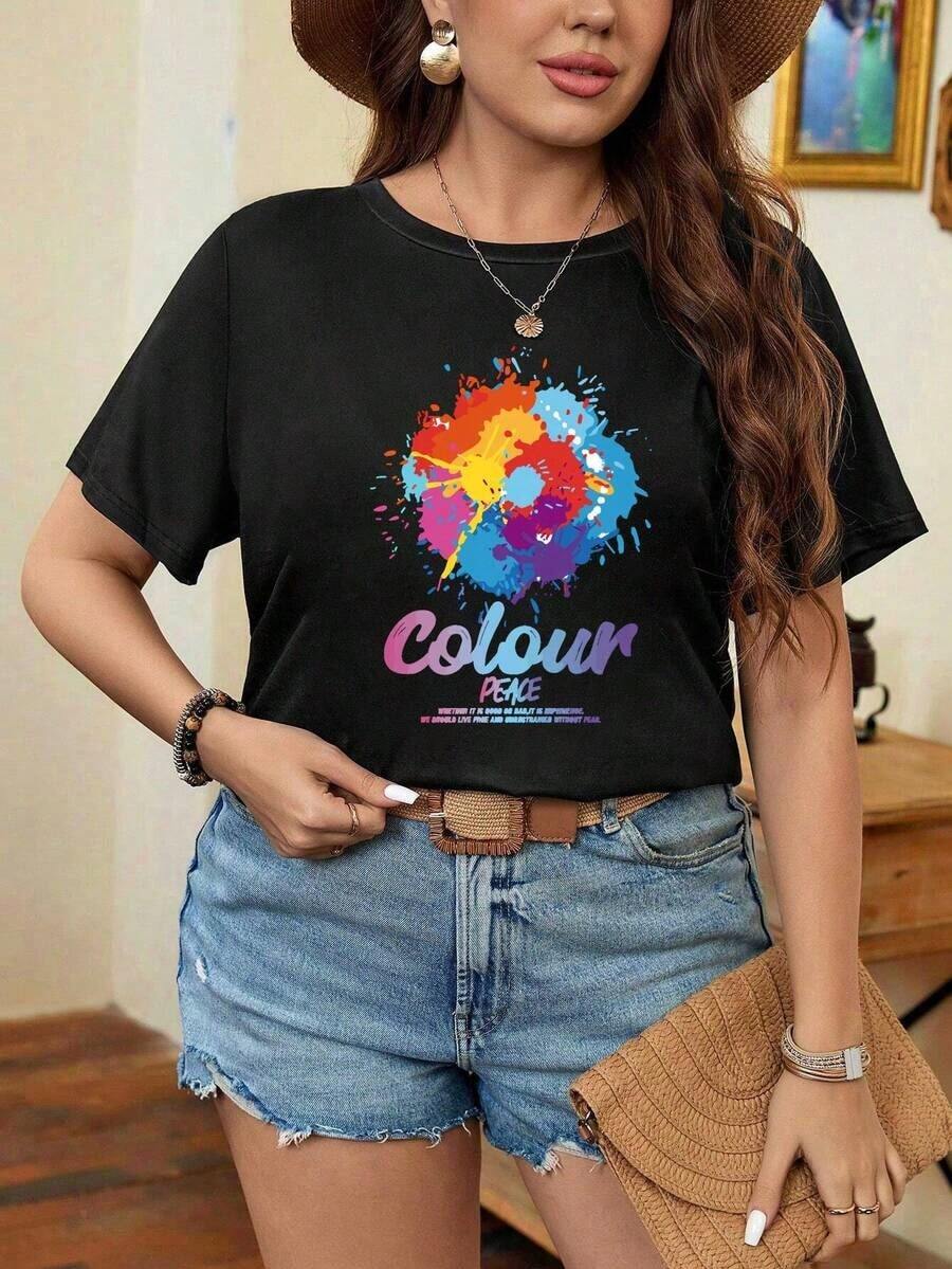 Camiseta Gráfica de Verano para Mujeres Tallas Grandes - Estampado Geométrico , Tee Casual con Tejido Elástico, Cuello Redondo y Manga Corta, Lavable a Máquina para Comodidad Diaria, Top Relajado, Camisa de Impresión Vibrante, Elasticidad Media - Negro - Ver 1
