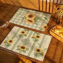A Complete Set Of Daily Sunflower, Green Leaf, Green Checkered, And Striped Patterned Placemats, Suitable For Spring, Summer, Autumn, And Winter. It Adopts A Multi-Color Pattern Design And Is Woven From 100% Polyester Fiber. The Size Is 12 * 18 Inches And Can Be Machine Washed With Polyester Placemats. Heat Resistant, Stain Resistant, Waterproof, Easy To Clean, Suitable For Dining Tables, Holiday Party Decorations, Desktop Protection, Kitchen And Living Room Decorations, And Daily Use. - Multicolor - View 1