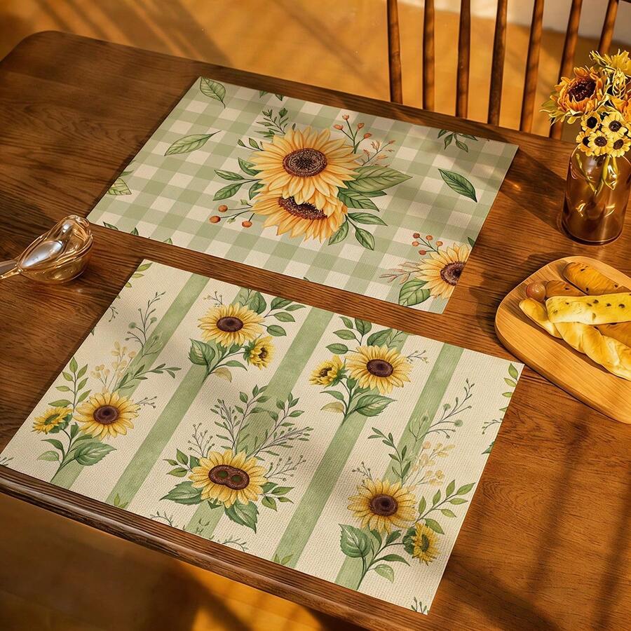 A Complete Set Of Daily Sunflower, Green Leaf, Green Checkered, And Striped Patterned Placemats, Suitable For Spring, Summer, Autumn, And Winter. It Adopts A Multi-Color Pattern Design And Is Woven From 100% Polyester Fiber. The Size Is 12 * 18 Inches And Can Be Machine Washed With Polyester Placemats. Heat Resistant, Stain Resistant, Waterproof, Easy To Clean, Suitable For Dining Tables, Holiday Party Decorations, Desktop Protection, Kitchen And Living Room Decorations, And Daily Use. - Multicolor - View 1