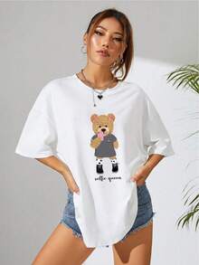 T-Shirt With Cartoon Bear Print And Letter - 白色 - 查看 2