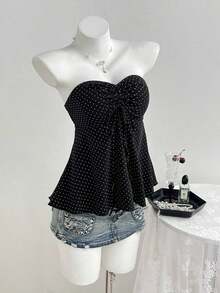 Top de tirantes con cintura ceñida y estampado de lunares, trajes de baño de primavera/verano para mujeres con parte superior de lunares con lazo, blusas de verano para mujeres con estampado de lunares, top sin tirantes con estampado de lunares - Negro - Ver 6