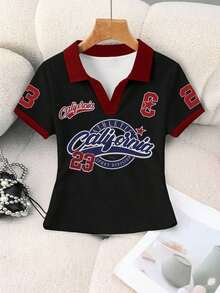 Blusa casual de mujer con cuello polo a rayas y manga corta - Negro - Ver 5