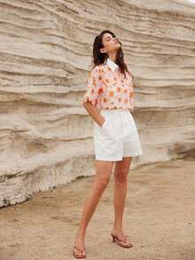 Blusa elegante con bordado de margaritas al azar y calado - Naranja - Ver 2