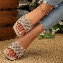 1 Pasang Sandal Selop Gaya Liburan dengan Blok Warna, Sandal Pantai Wanita Ujung Persegi Datar, Sandal Jepit Motif Linen, Pakaian Luar Ruangan Musim Panas Serbaguna - Emas - View 3