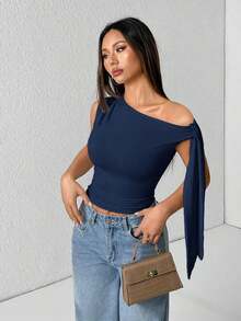 Top de hombro asimétrico con tirantes de atar de unicolor para mujer - Azul marino - Ver 8