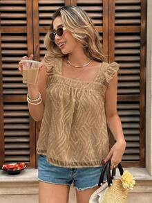 Blusa de mujer con cuello cuadrado y mangas cortas con estampado de lunares - Marrón - Ver 3
