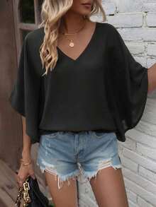 Camisa de manga de murciélago de unicolor casual, verano - Negro - Ver 6