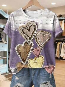 Camiseta de mujer de manga corta con estampado de corazón, cómoda camiseta casual de cuello redondo - Multicolor 2 - Ver 1