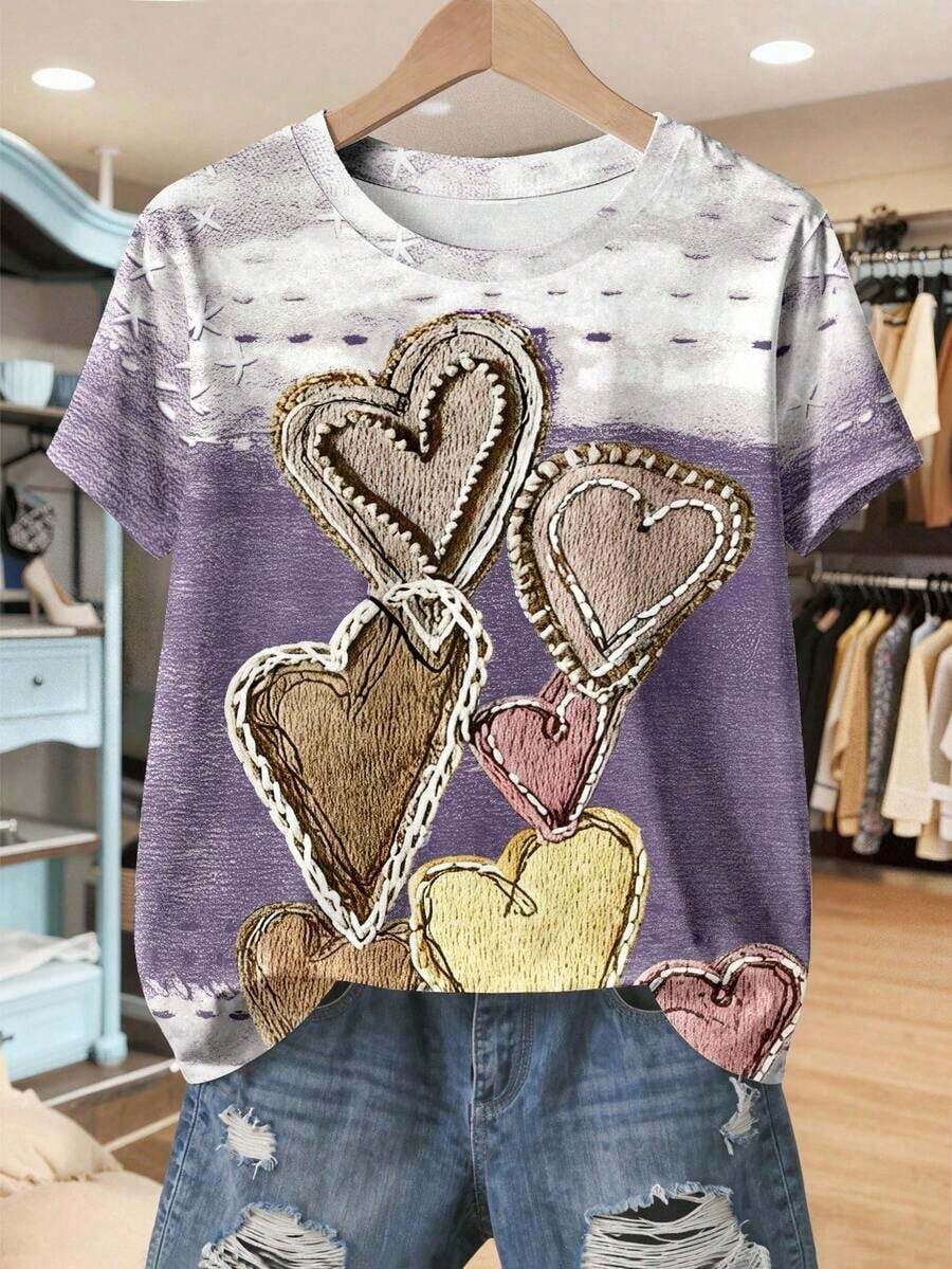 Camiseta de mujer de manga corta con estampado de corazón, cómoda camiseta casual de cuello redondo - Multicolor 2 - Ver 1